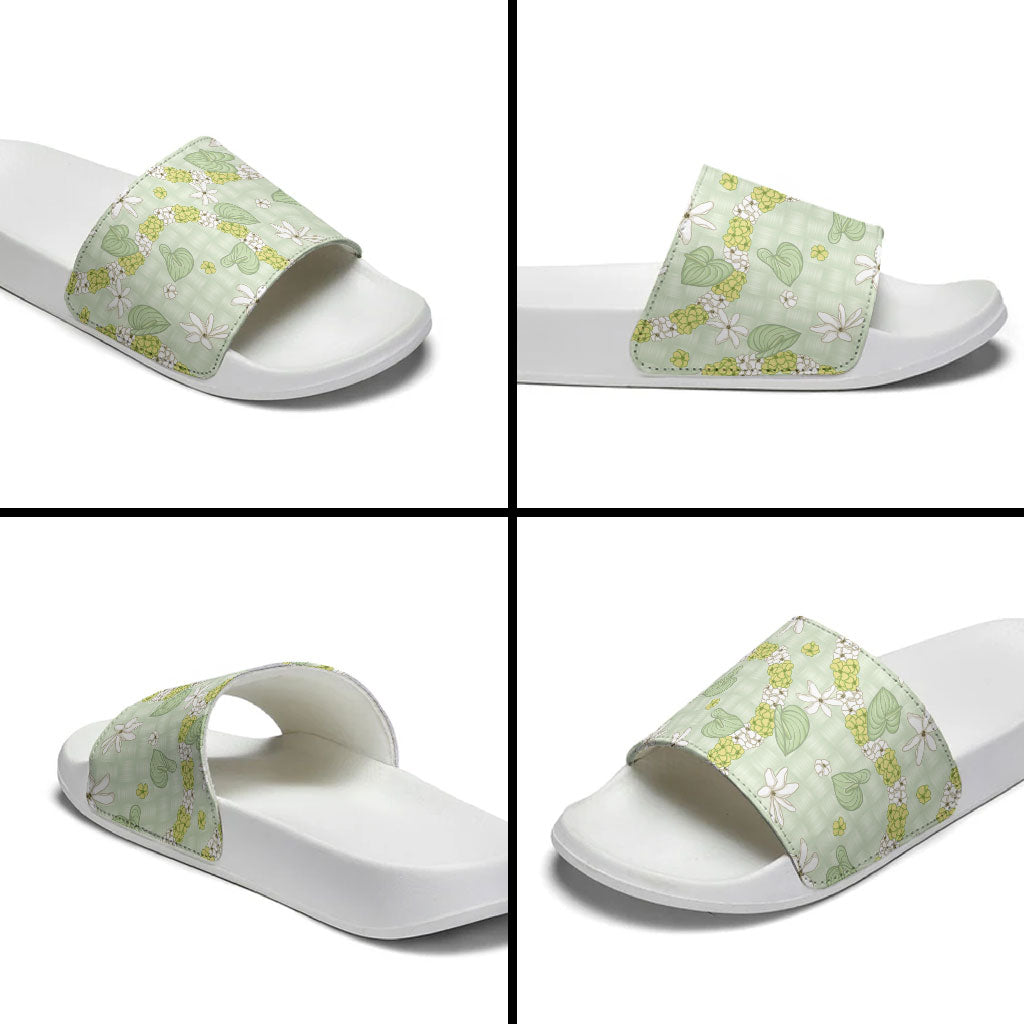 Hawaii Anthurium Tiare Pikake Lei Slide Sandals Sage Green Lauhala Art Pattern