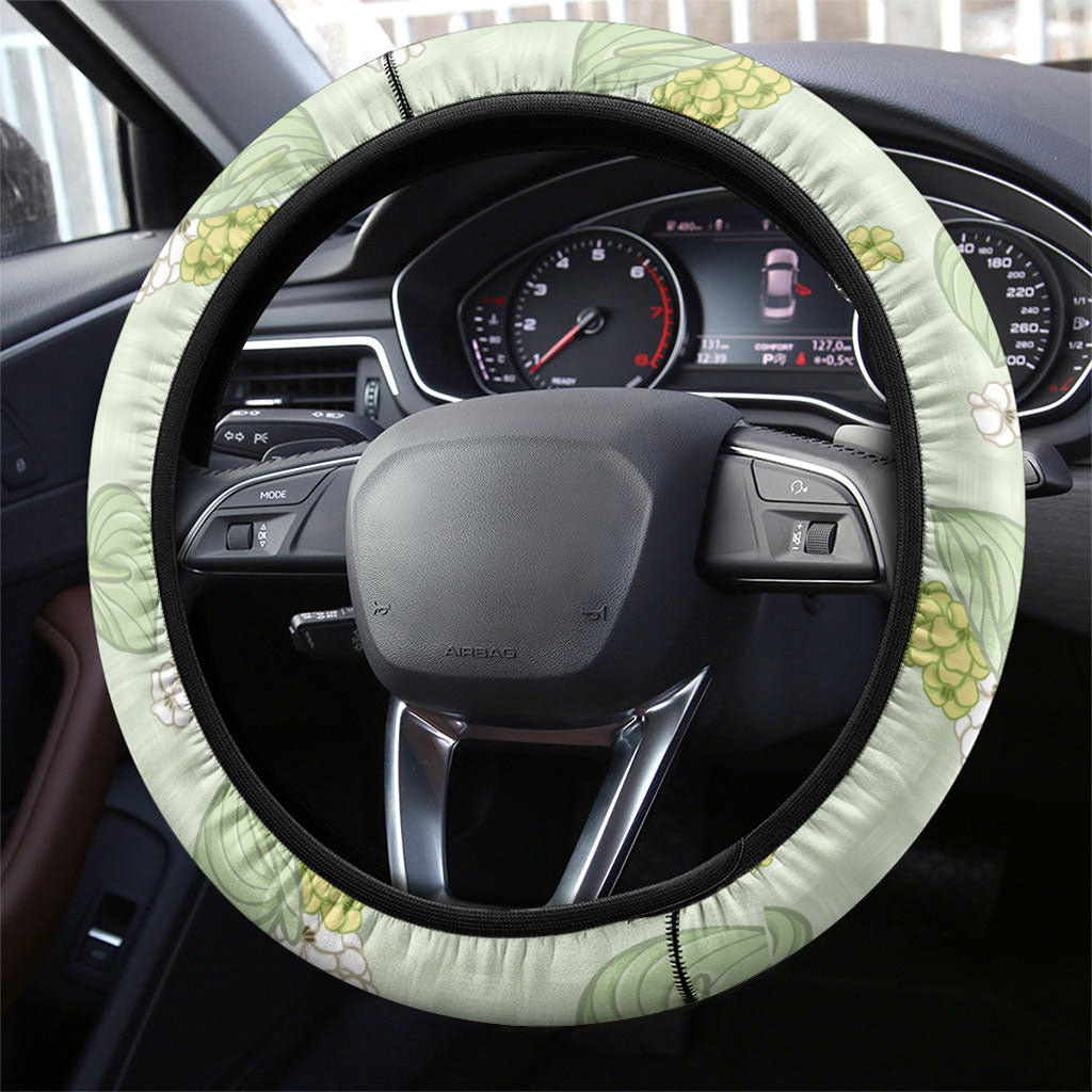 Hawaii Anthurium Tiare Pikake Lei Steering Wheel Cover Sage Green Lauhala Art Pattern LT01 - Polynesian Pride
