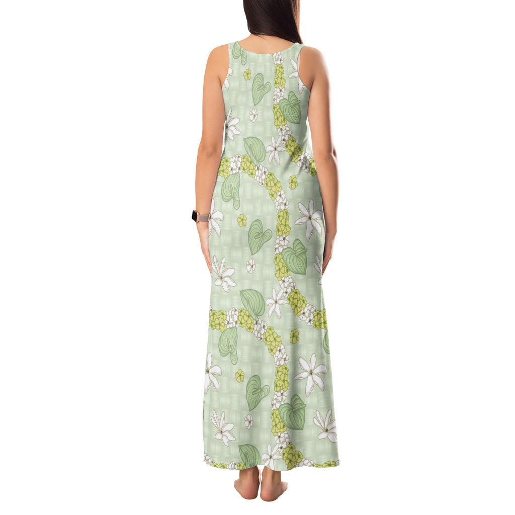 Hawaii Anthurium Tiare Pikake Lei Tank Maxi Dress Sage Green Lauhala Art Pattern