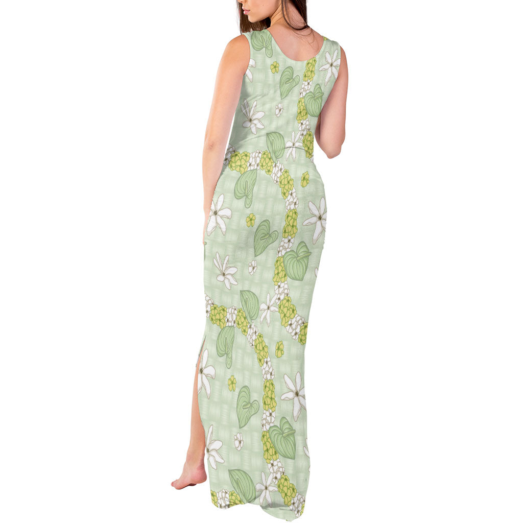 Hawaii Anthurium Tiare Pikake Lei Tank Maxi Dress Sage Green Lauhala Art Pattern