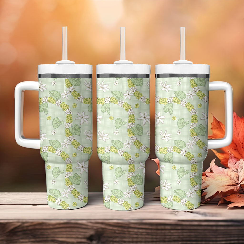 Hawaii Anthurium Tiare Pikake Lei Tumbler With Handle Sage Green Lauhala Art Pattern