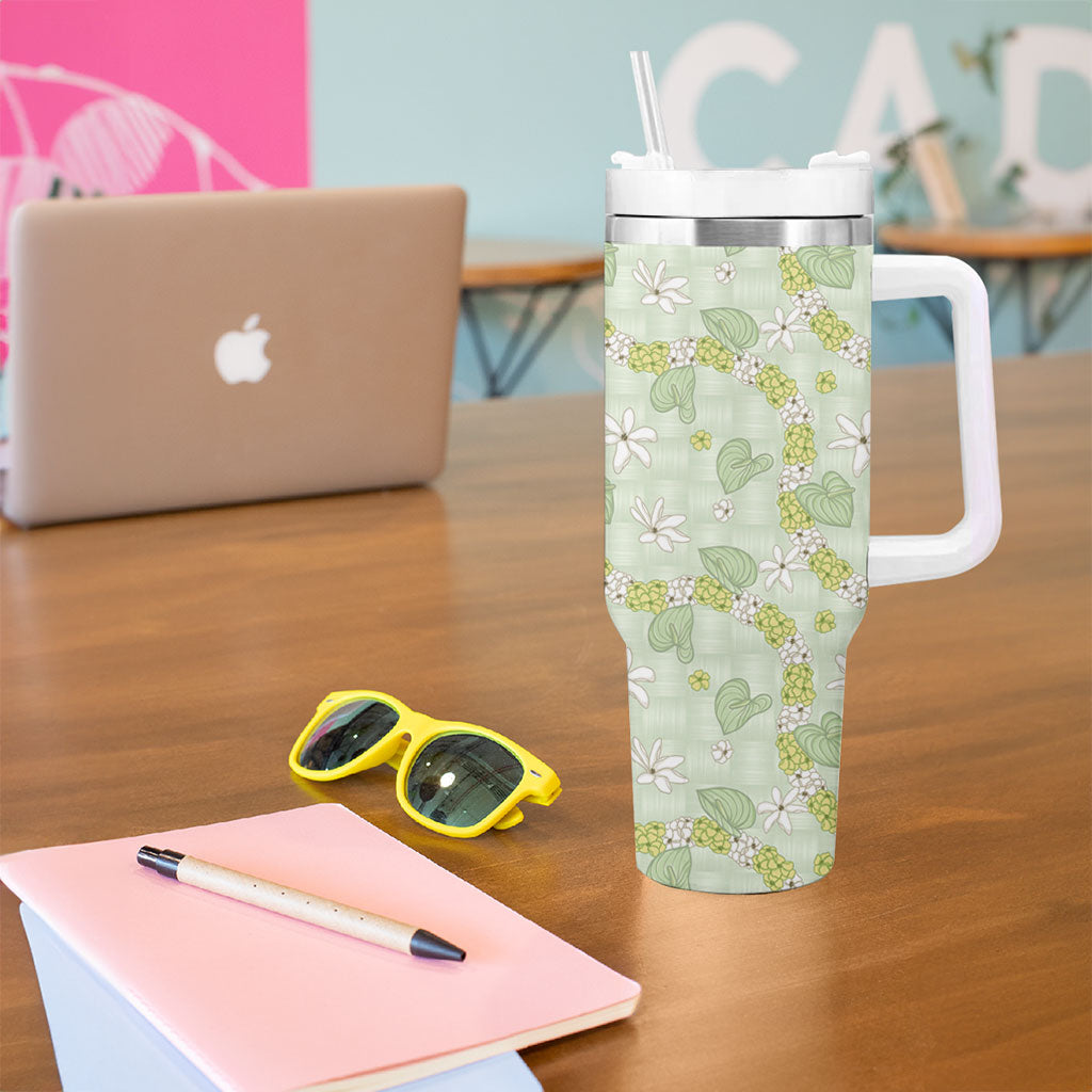 Hawaii Anthurium Tiare Pikake Lei Tumbler With Handle Sage Green Lauhala Art Pattern