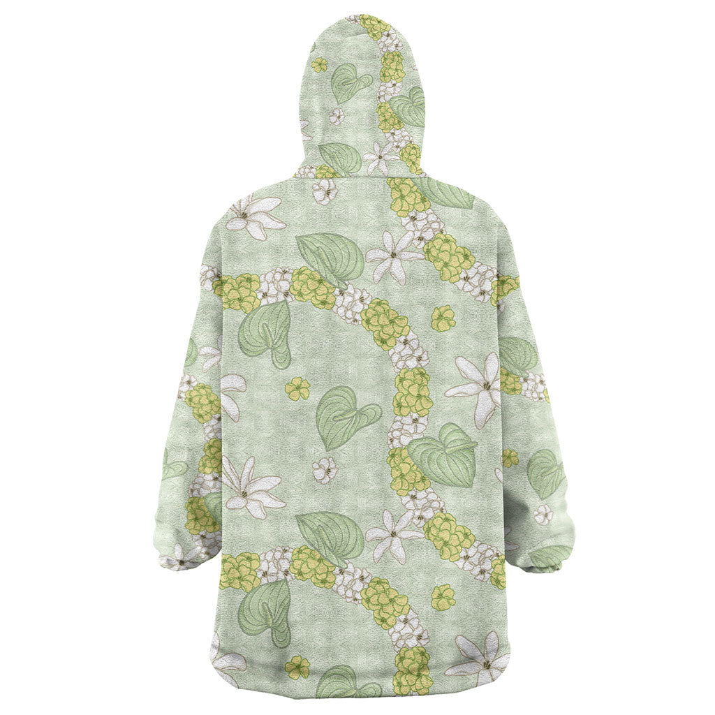 Hawaii Anthurium Tiare Pikake Lei Wearable Blanket Hoodie Sage Green Lauhala Art Pattern