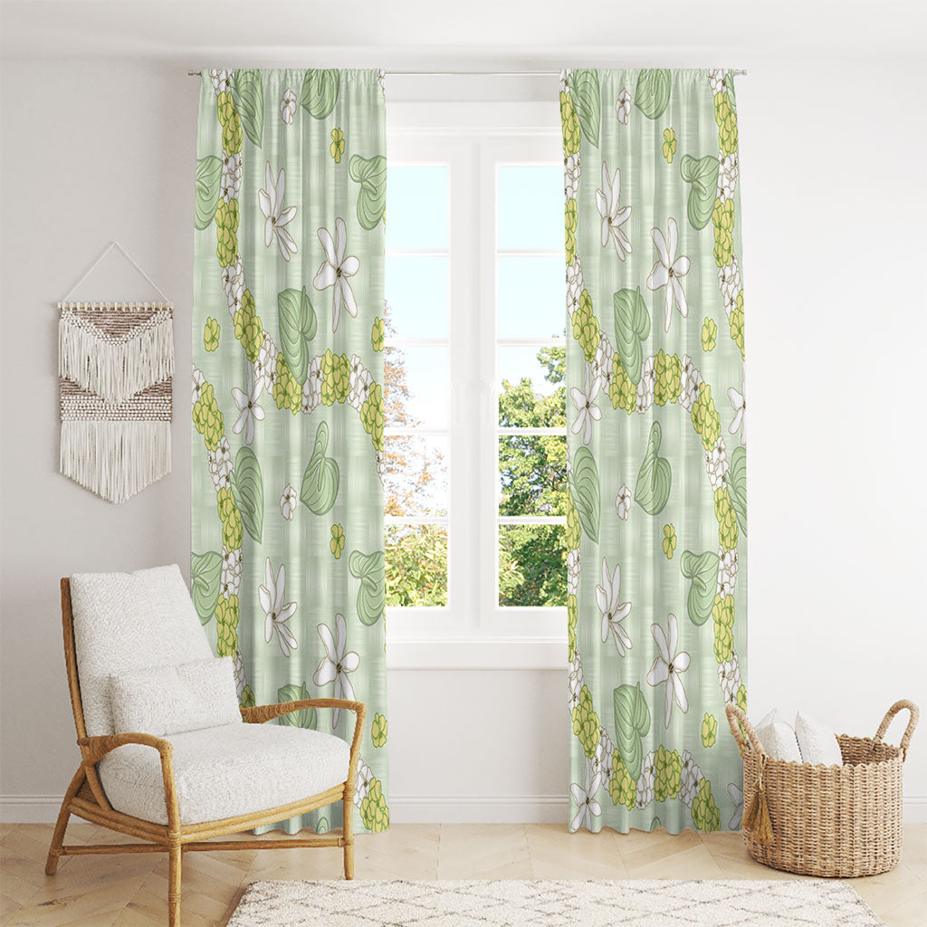 Hawaii Anthurium Tiare Pikake Lei Window Curtain Sage Green Lauhala Art Pattern