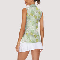 Hawaii Anthurium Tiare Pikake Lei Women Sleeveless Polo Shirt Sage Green Lauhala Art Pattern