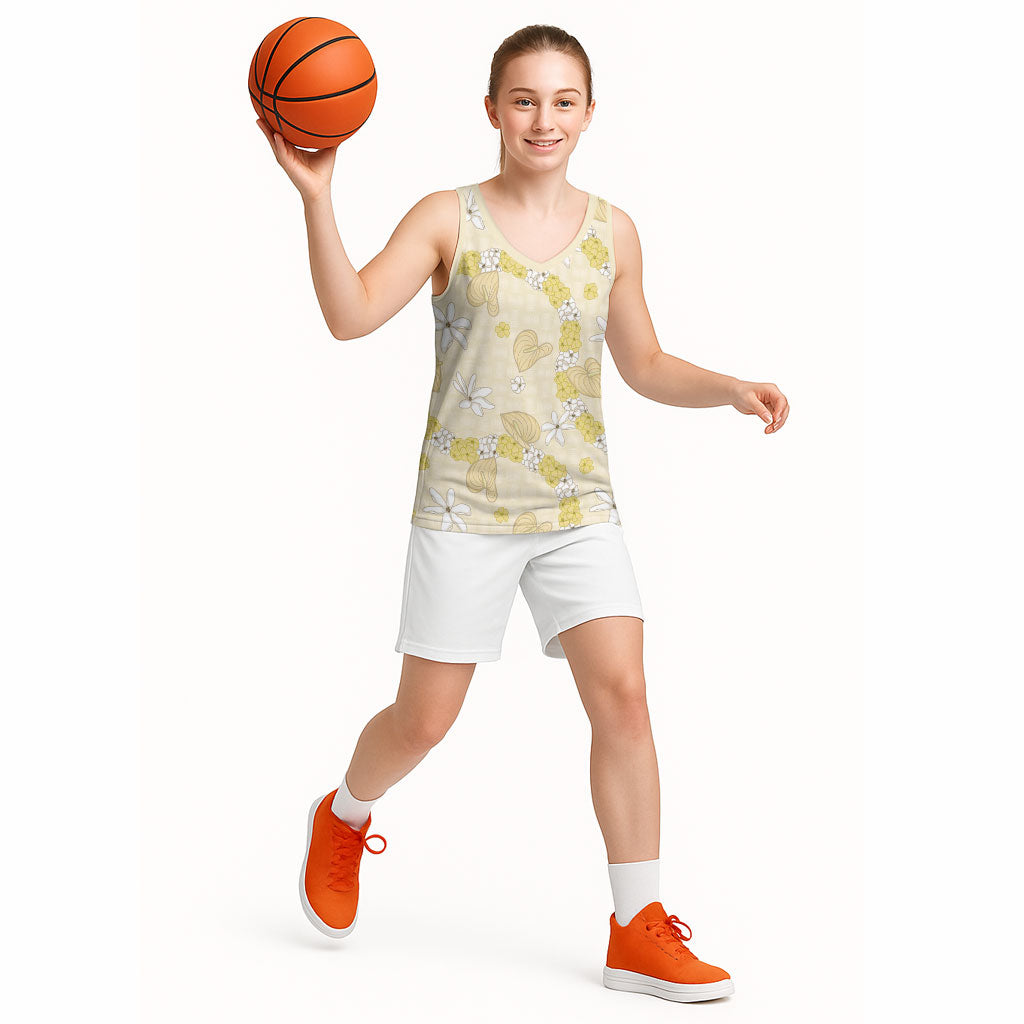 Hawaii Anthurium Tiare Pikake Lei Basketball Jersey Melemele Lauhala Art Pattern