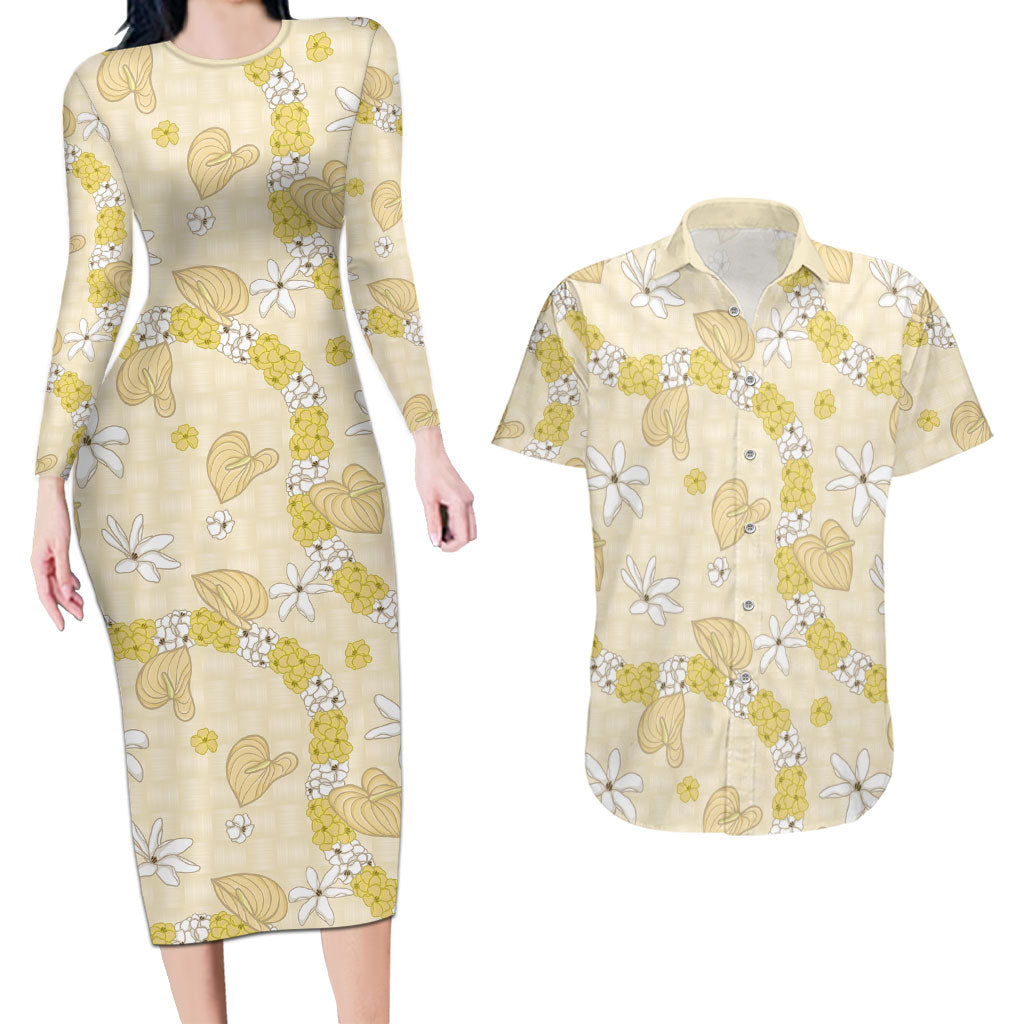 Hawaii Anthurium Tiare Pikake Lei Couples Matching Long Sleeve Bodycon Dress and Hawaiian Shirt Melemele Lauhala Art Pattern LT01 Yellow - Polynesian Pride