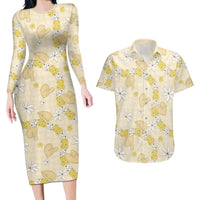 Hawaii Anthurium Tiare Pikake Lei Couples Matching Long Sleeve Bodycon Dress and Hawaiian Shirt Melemele Lauhala Art Pattern LT01 Yellow - Polynesian Pride