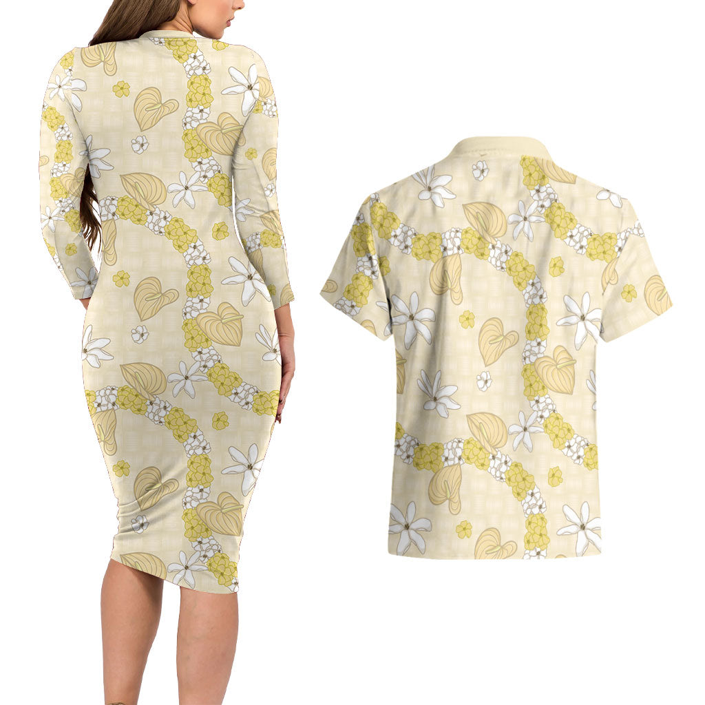 Hawaii Anthurium Tiare Pikake Lei Couples Matching Long Sleeve Bodycon Dress and Hawaiian Shirt Melemele Lauhala Art Pattern LT01 - Polynesian Pride