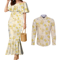 Hawaii Anthurium Tiare Pikake Lei Couples Matching Mermaid Dress and Long Sleeve Button Shirt Melemele Lauhala Art Pattern LT01 Yellow - Polynesian Pride