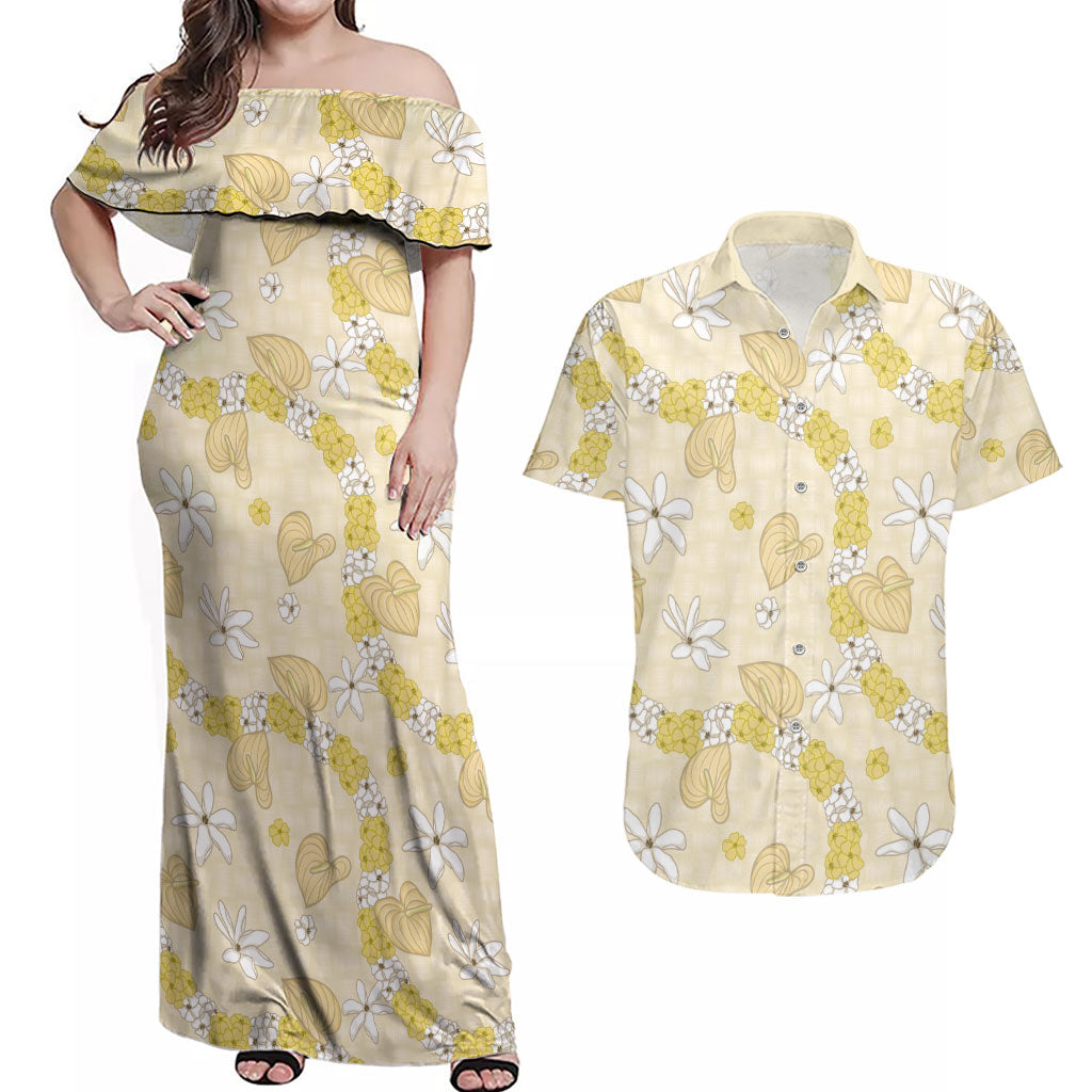 Hawaii Anthurium Tiare Pikake Lei Couples Matching Off Shoulder Maxi Dress and Hawaiian Shirt Melemele Lauhala Art Pattern