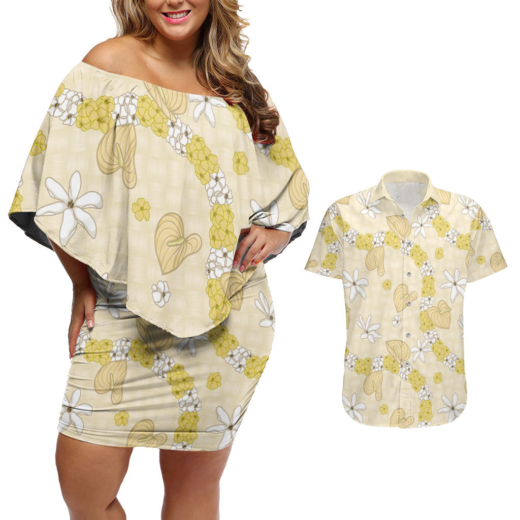 Hawaii Anthurium Tiare Pikake Lei Couples Matching Off Shoulder Short Dress and Hawaiian Shirt Melemele Lauhala Art Pattern LT01 Yellow - Polynesian Pride