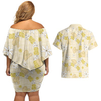 Hawaii Anthurium Tiare Pikake Lei Couples Matching Off Shoulder Short Dress and Hawaiian Shirt Melemele Lauhala Art Pattern LT01 - Polynesian Pride