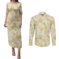 Hawaii Anthurium Tiare Pikake Lei Couples Matching Puletasi and Long Sleeve Button Shirt Melemele Lauhala Art Pattern