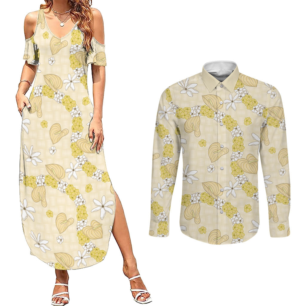Hawaii Anthurium Tiare Pikake Lei Couples Matching Summer Maxi Dress and Long Sleeve Button Shirt Melemele Lauhala Art Pattern