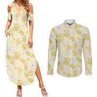 Hawaii Anthurium Tiare Pikake Lei Couples Matching Summer Maxi Dress and Long Sleeve Button Shirt Melemele Lauhala Art Pattern