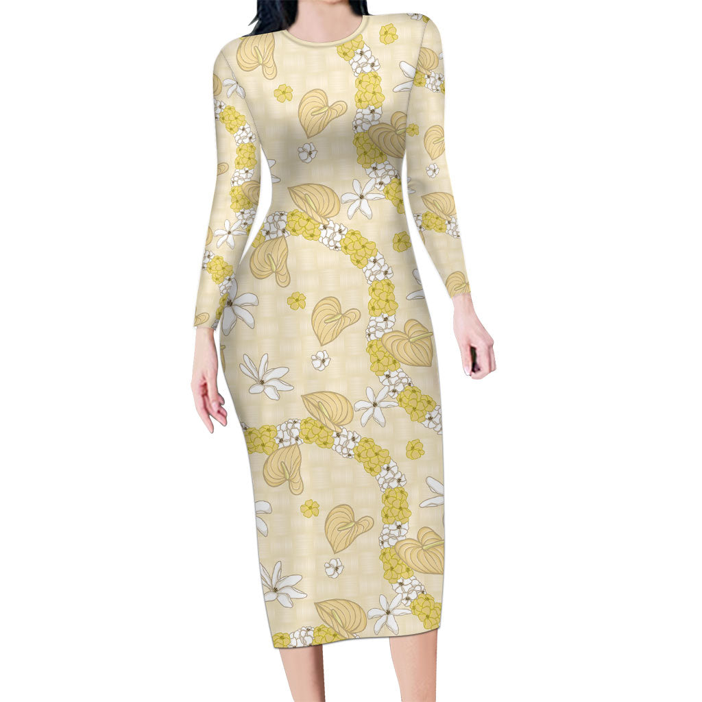 Hawaii Anthurium Tiare Pikake Lei Family Matching Long Sleeve Bodycon Dress and Hawaiian Shirt Melemele Lauhala Art Pattern LT01 Mom's Dress Yellow - Polynesian Pride