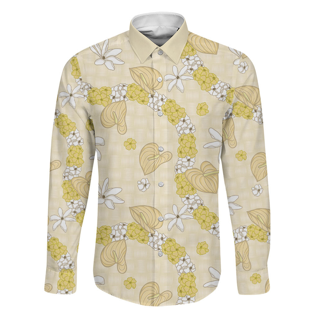 Hawaii Anthurium Tiare Pikake Lei Family Matching Off The Shoulder Long Sleeve Dress and Hawaiian Shirt Melemele Lauhala Art Pattern LT01 Dad's Shirt - Long Sleeve Yellow - Polynesian Pride