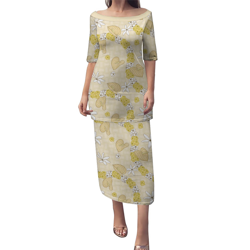 Hawaii Anthurium Tiare Pikake Lei Family Matching Puletasi and Hawaiian Shirt Melemele Lauhala Art Pattern LT01 Mom's Dress Yellow - Polynesian Pride