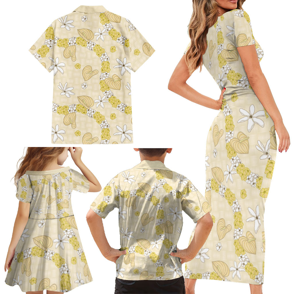 Hawaii Anthurium Tiare Pikake Lei Family Matching Short Sleeve Bodycon Dress and Hawaiian Shirt Melemele Lauhala Art Pattern LT01 - Polynesian Pride