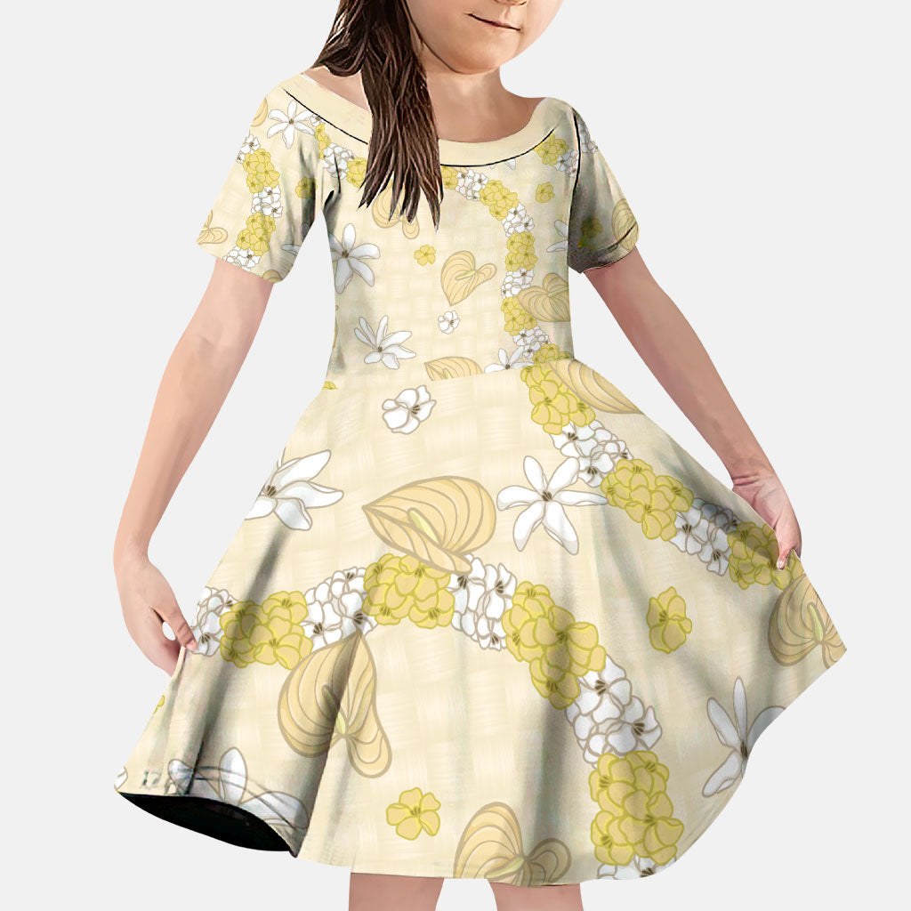 Hawaii Anthurium Tiare Pikake Lei Family Matching Tank Maxi Dress and Hawaiian Shirt Melemele Lauhala Art Pattern LT01 Daughter's Dress Yellow - Polynesian Pride