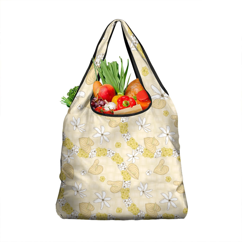 Hawaii Anthurium Tiare Pikake Lei Grocery Bag Melemele Lauhala Art Pattern