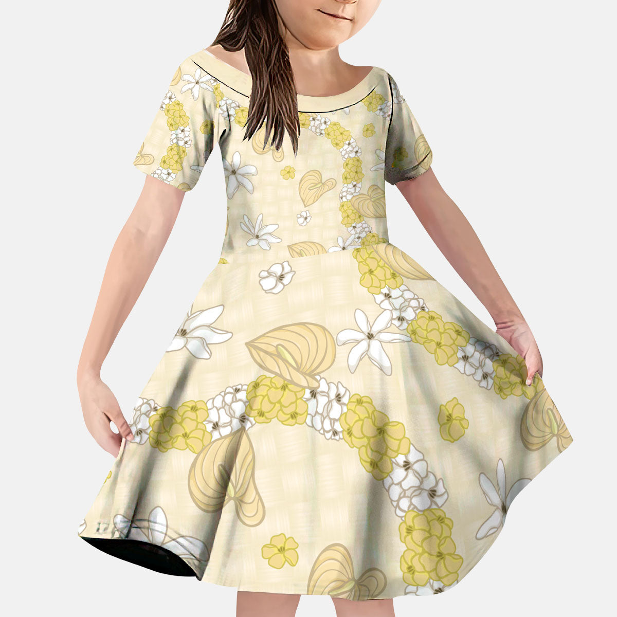 Hawaii Anthurium Tiare Pikake Lei Kid Short Sleeve Dress Melemele Lauhala Art Pattern LT01 KID Yellow - Polynesian Pride