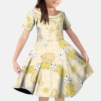Hawaii Anthurium Tiare Pikake Lei Kid Short Sleeve Dress Melemele Lauhala Art Pattern LT01 KID Yellow - Polynesian Pride