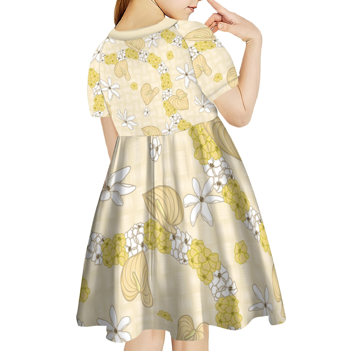 Hawaii Anthurium Tiare Pikake Lei Kid Short Sleeve Dress Melemele Lauhala Art Pattern LT01 - Polynesian Pride