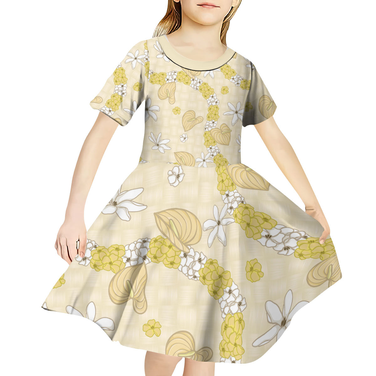 Hawaii Anthurium Tiare Pikake Lei Kid Short Sleeve Dress Melemele Lauhala Art Pattern LT01 - Polynesian Pride