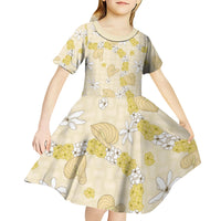 Hawaii Anthurium Tiare Pikake Lei Kid Short Sleeve Dress Melemele Lauhala Art Pattern LT01 - Polynesian Pride