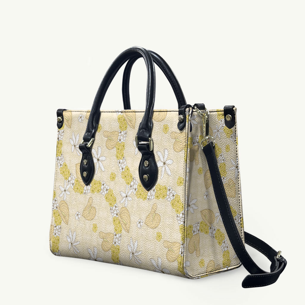 Hawaii Anthurium Tiare Pikake Lei Leather Bag Melemele Lauhala Art Pattern