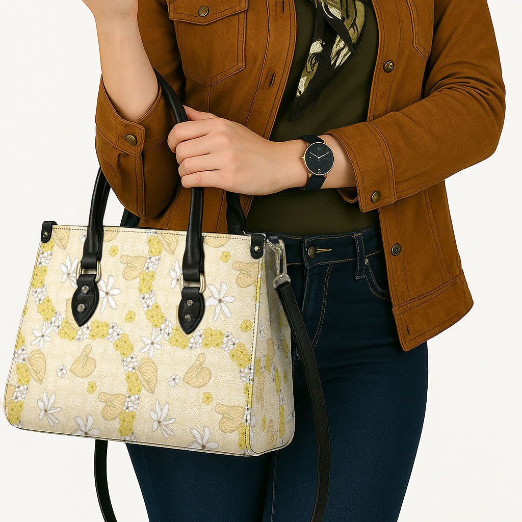 Hawaii Anthurium Tiare Pikake Lei Leather Bag Melemele Lauhala Art Pattern