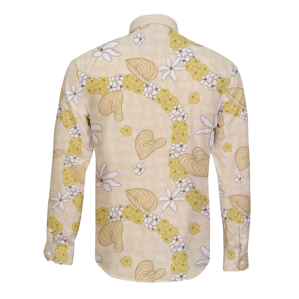Hawaii Anthurium Tiare Pikake Lei Long Sleeve Button Shirt Melemele Lauhala Art Pattern