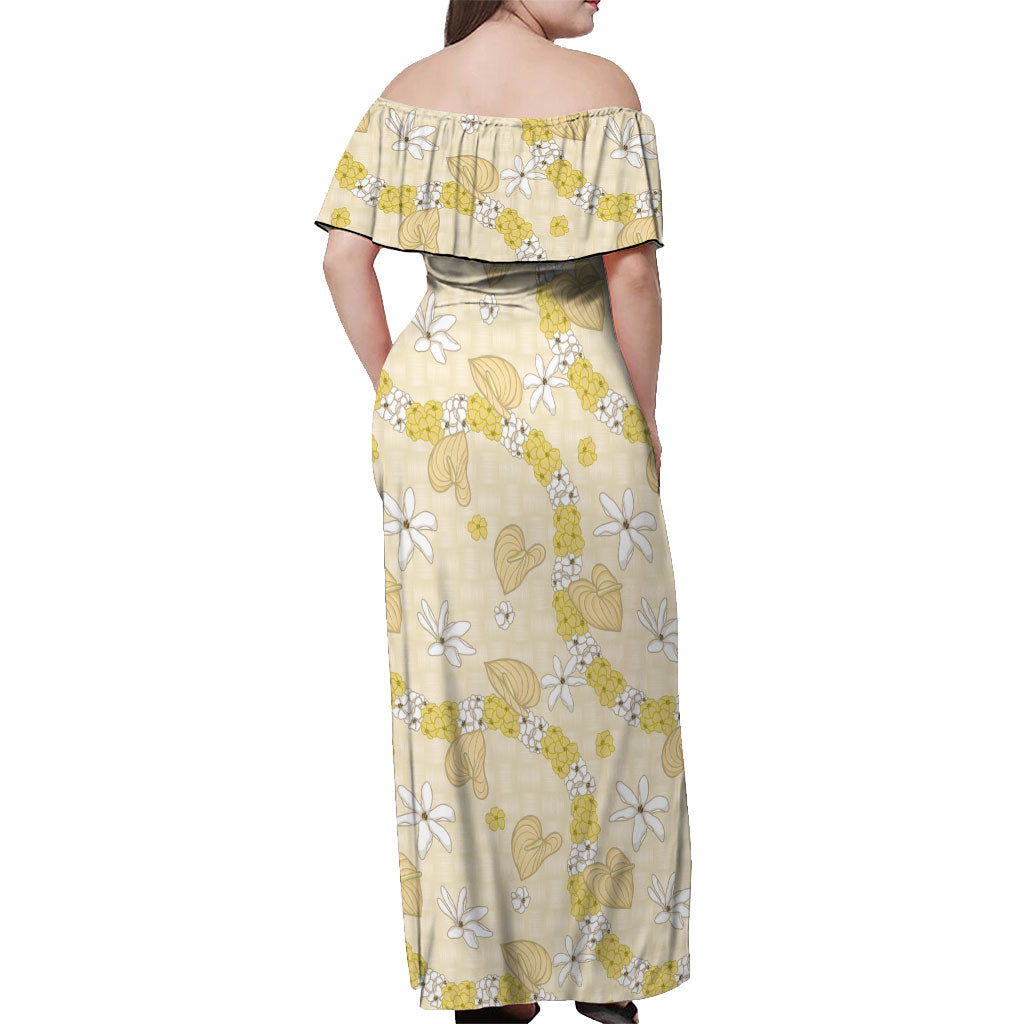 Hawaii Anthurium Tiare Pikake Lei Off Shoulder Maxi Dress Melemele Lauhala Art Pattern