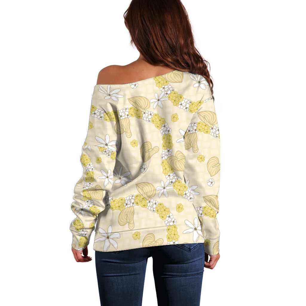 Hawaii Anthurium Tiare Pikake Lei Off Shoulder Sweater Melemele Lauhala Art Pattern