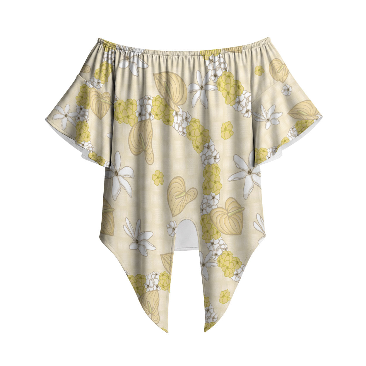 Hawaii Anthurium Tiare Pikake Lei Off Shoulder Wrap Waist Top Melemele Lauhala Art Pattern LT01 Yellow - Polynesian Pride