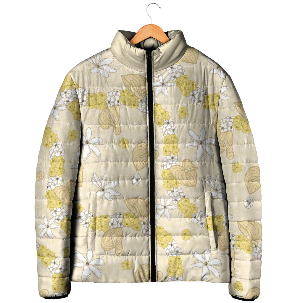 Hawaii Anthurium Tiare Pikake Lei Padded Jacket Melemele Lauhala Art Pattern