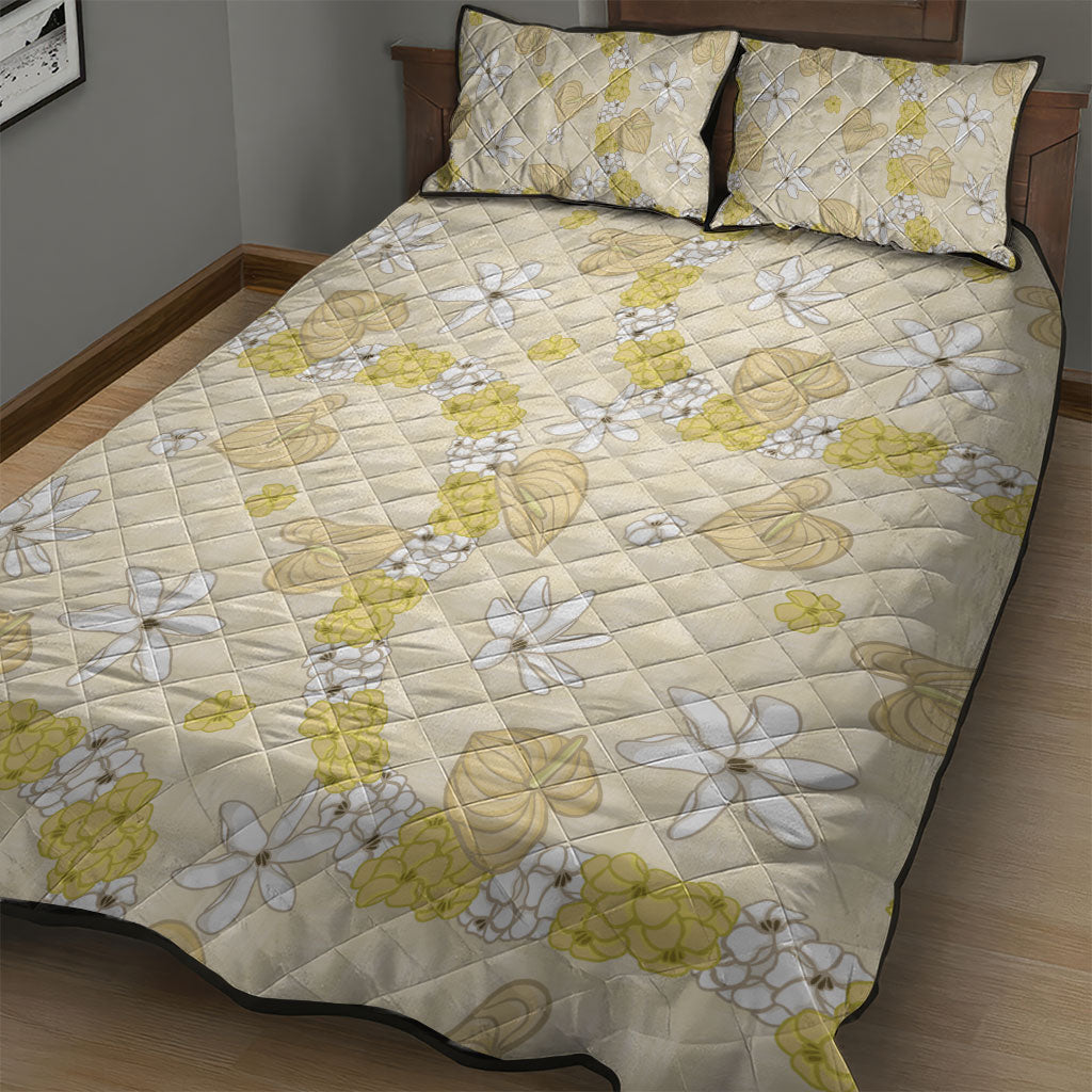Hawaii Anthurium Tiare Pikake Lei Quilt Bed Set Melemele Lauhala Art Pattern