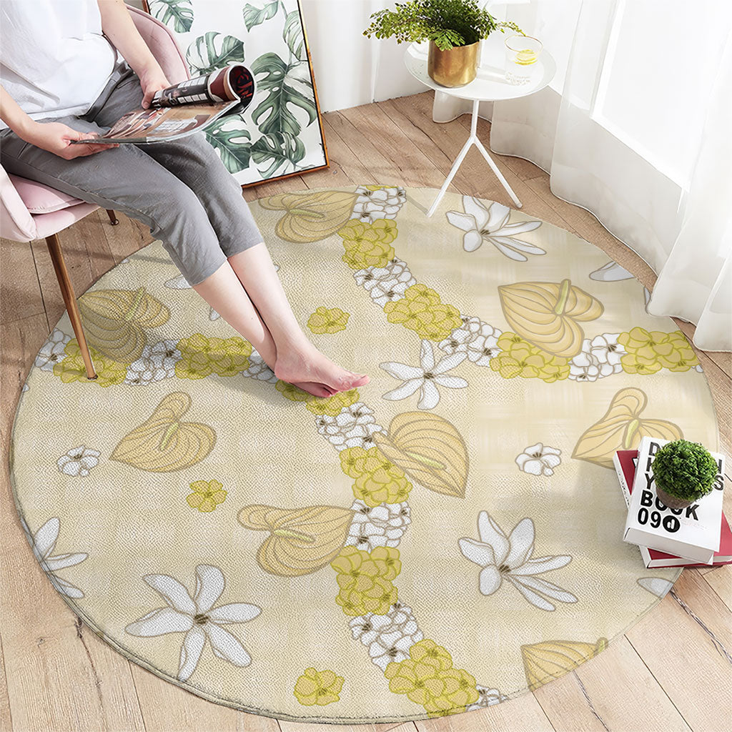 Hawaii Anthurium Tiare Pikake Lei Round Carpet Melemele Lauhala Art Pattern