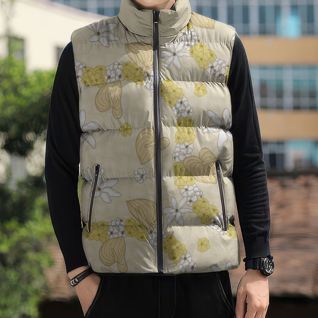 Hawaii Anthurium Tiare Pikake Lei Sleeveless Puffer Jacket Melemele Lauhala Art Pattern