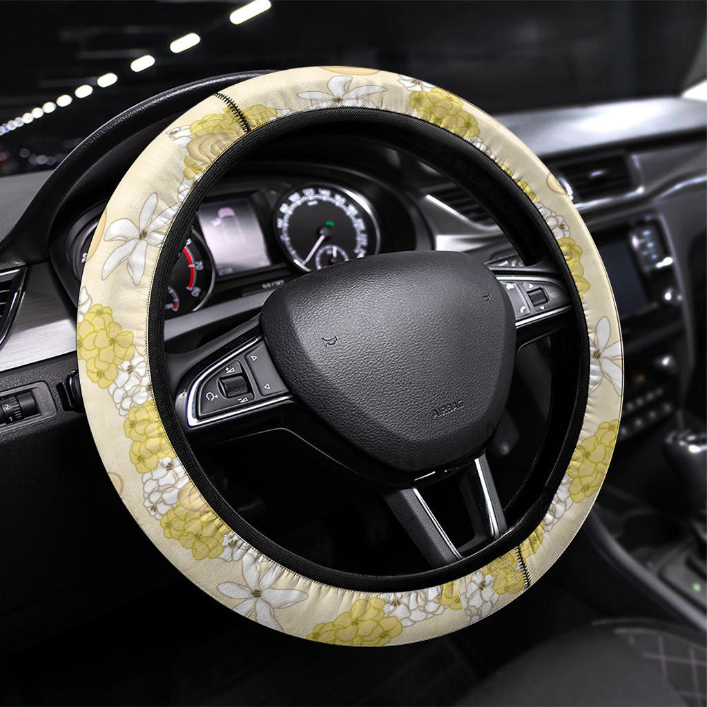Hawaii Anthurium Tiare Pikake Lei Steering Wheel Cover Melemele Lauhala Art Pattern LT01 Universal Fit Yellow - Polynesian Pride