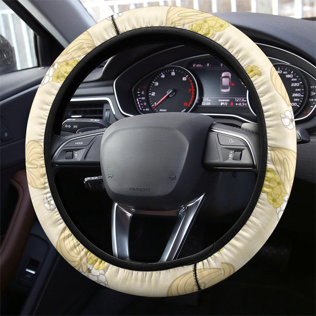 Hawaii Anthurium Tiare Pikake Lei Steering Wheel Cover Melemele Lauhala Art Pattern LT01 - Polynesian Pride