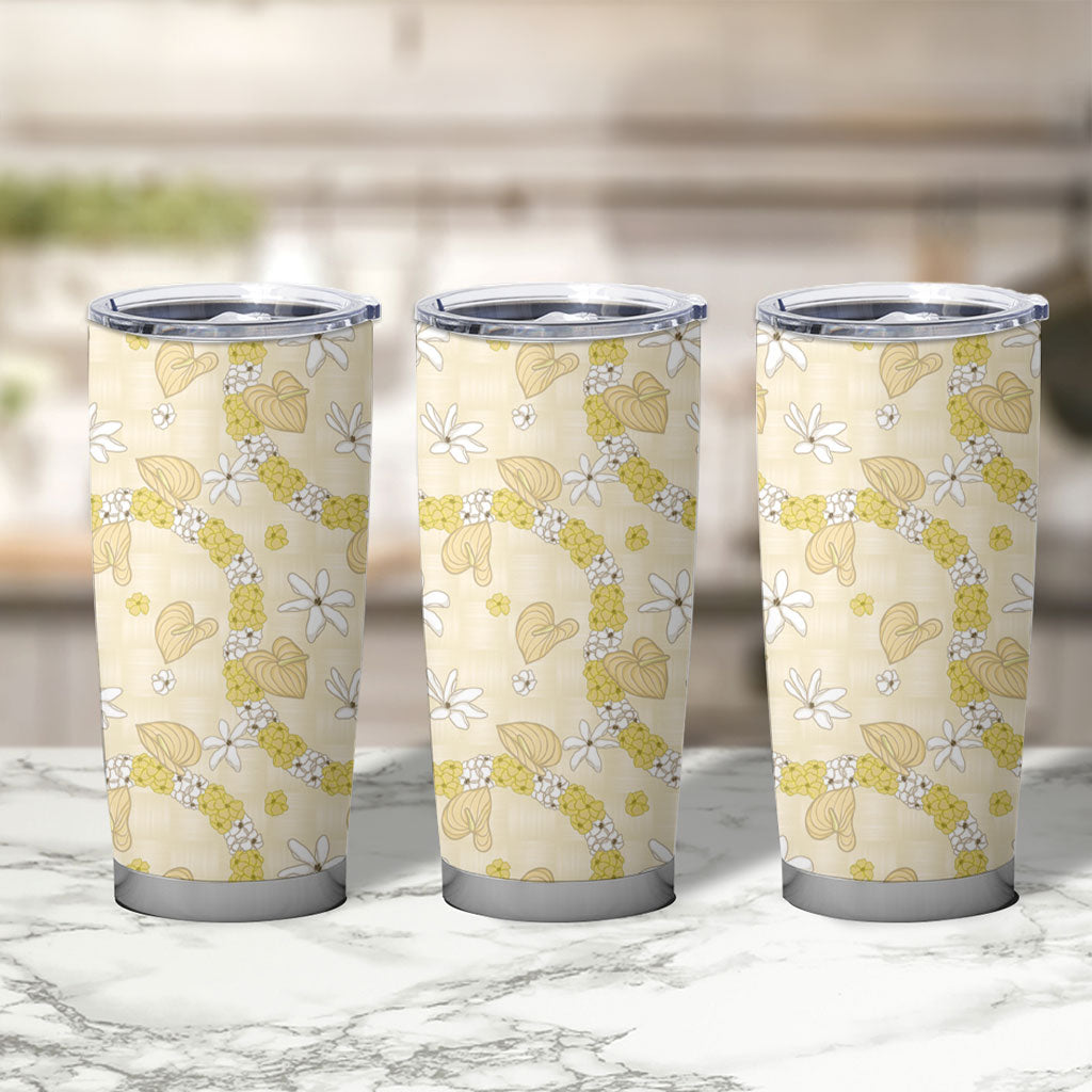 Hawaii Anthurium Tiare Pikake Lei Tumbler Cup Melemele Lauhala Art Pattern