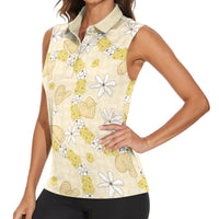 Hawaii Anthurium Tiare Pikake Lei Women Sleeveless Polo Shirt Melemele Lauhala Art Pattern