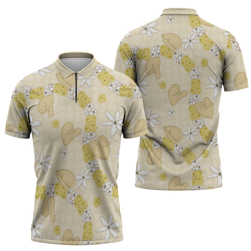 Hawaii Anthurium Tiare Pikake Lei Zipper Polo Shirt Melemele Lauhala Art Pattern