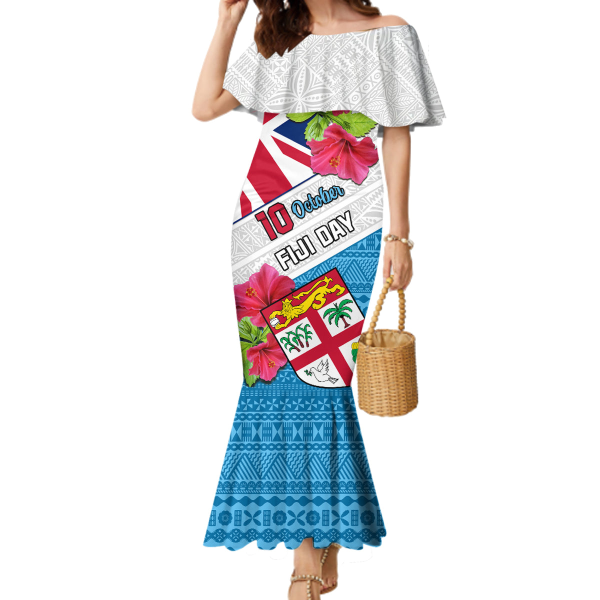 Personalised Fiji Day Family Matching Mermaid Dress and Hawaiian Shirt Fijian Hibiscus Special Version LT01 Mom's Dress White - Polynesian Pride