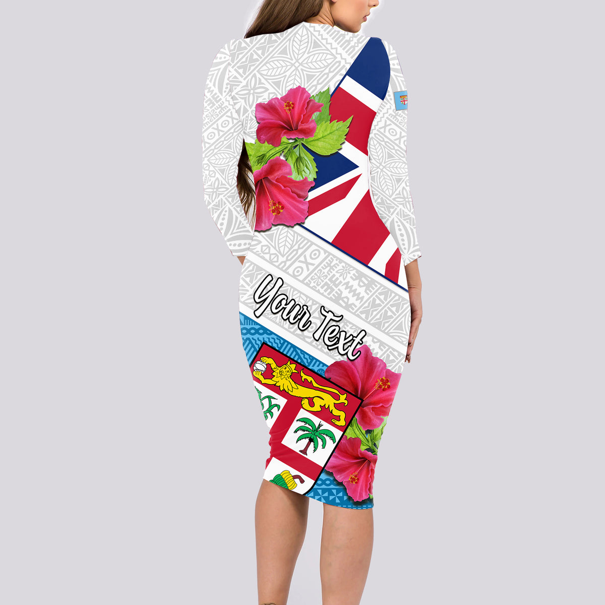 Personalised Fiji Day Long Sleeve Bodycon Dress Fijian Hibiscus Special Version LT01 - Polynesian Pride