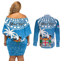 Personalised Fiji Couples Matching Off Shoulder Short Dress and Long Sleeve Button Shirts Bula Fijian Tapa Pattern LT01 - Polynesian Pride