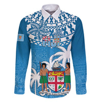 Personalised Fiji Family Matching Tank Maxi Dress and Hawaiian Shirt Bula Fijian Tapa Pattern LT01 Dad's Shirt - Long Sleeve Blue - Polynesian Pride